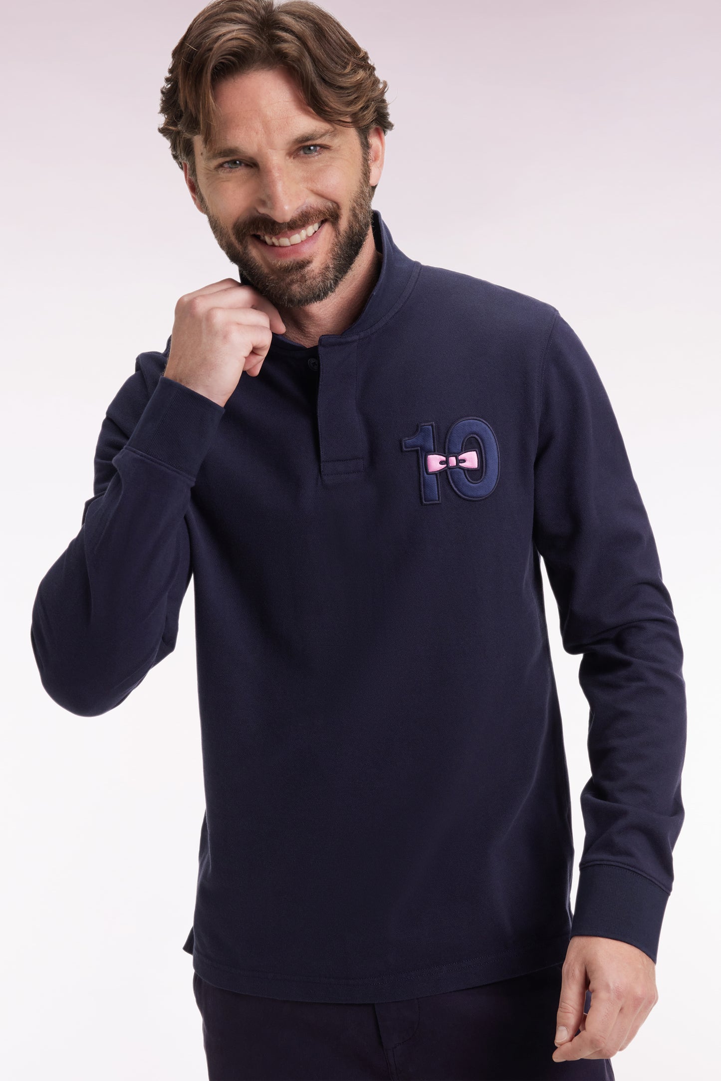 Navy cotton piqué long-sleeve polo with 10" embroidery