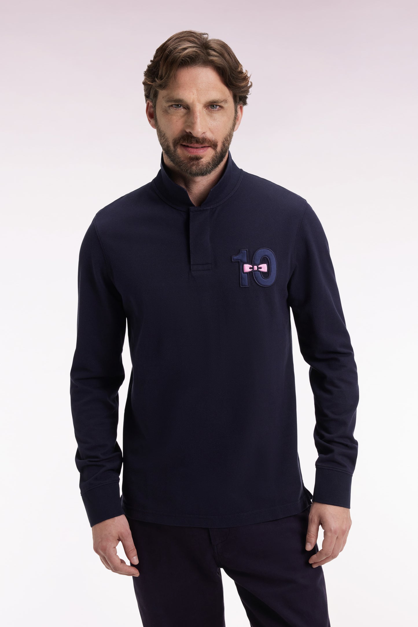 Navy cotton piqué long-sleeve polo with 10" embroidery