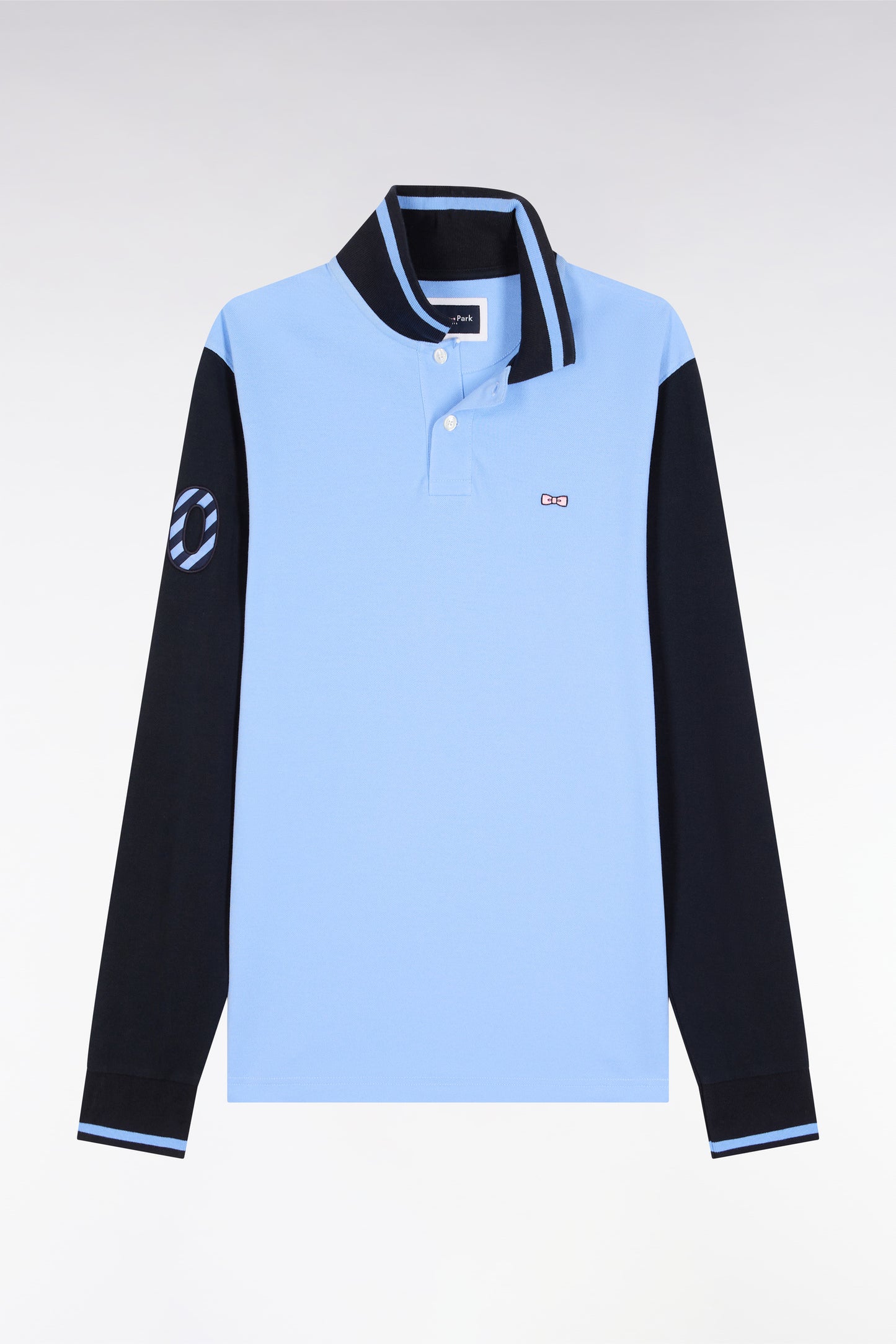 Polo à manches longues en piqué coton bicolore ciel broderie 10