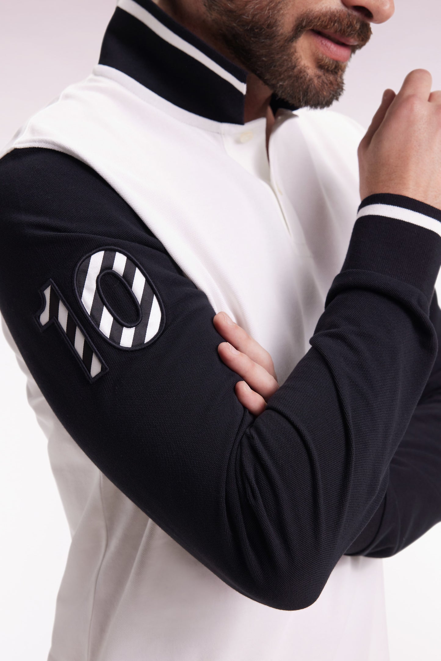 Polo à manches longues en piqué coton bicolore blanc broderie 10