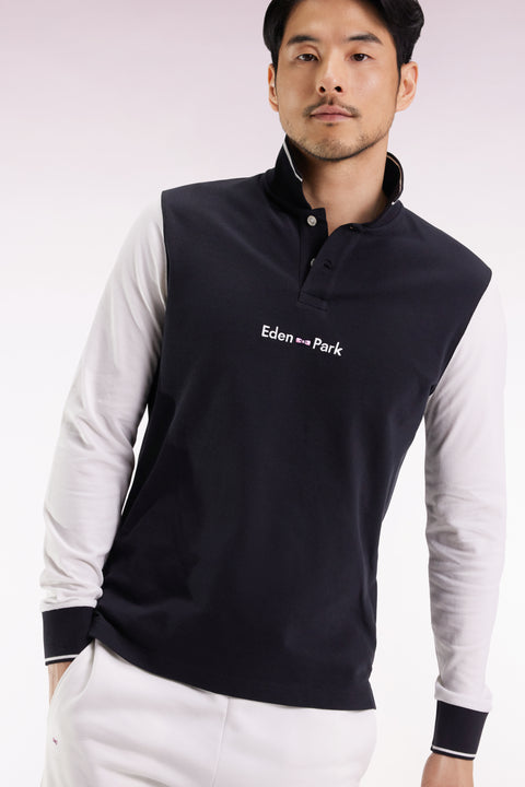 Polo à manches longues en piqué coton bicolore blanc logo Eden Park - Image 1