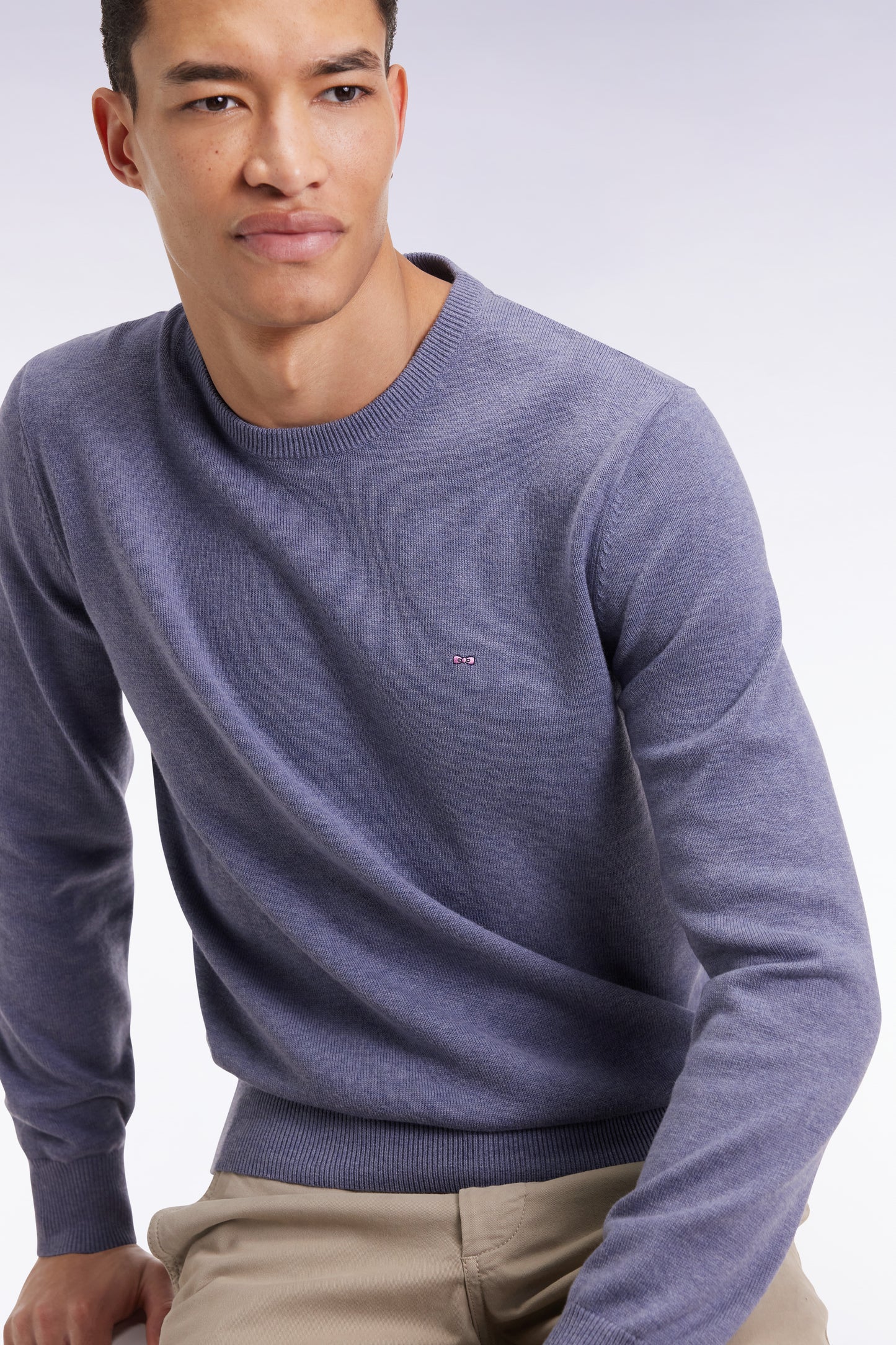 Pull col rond en laine et coton bleu