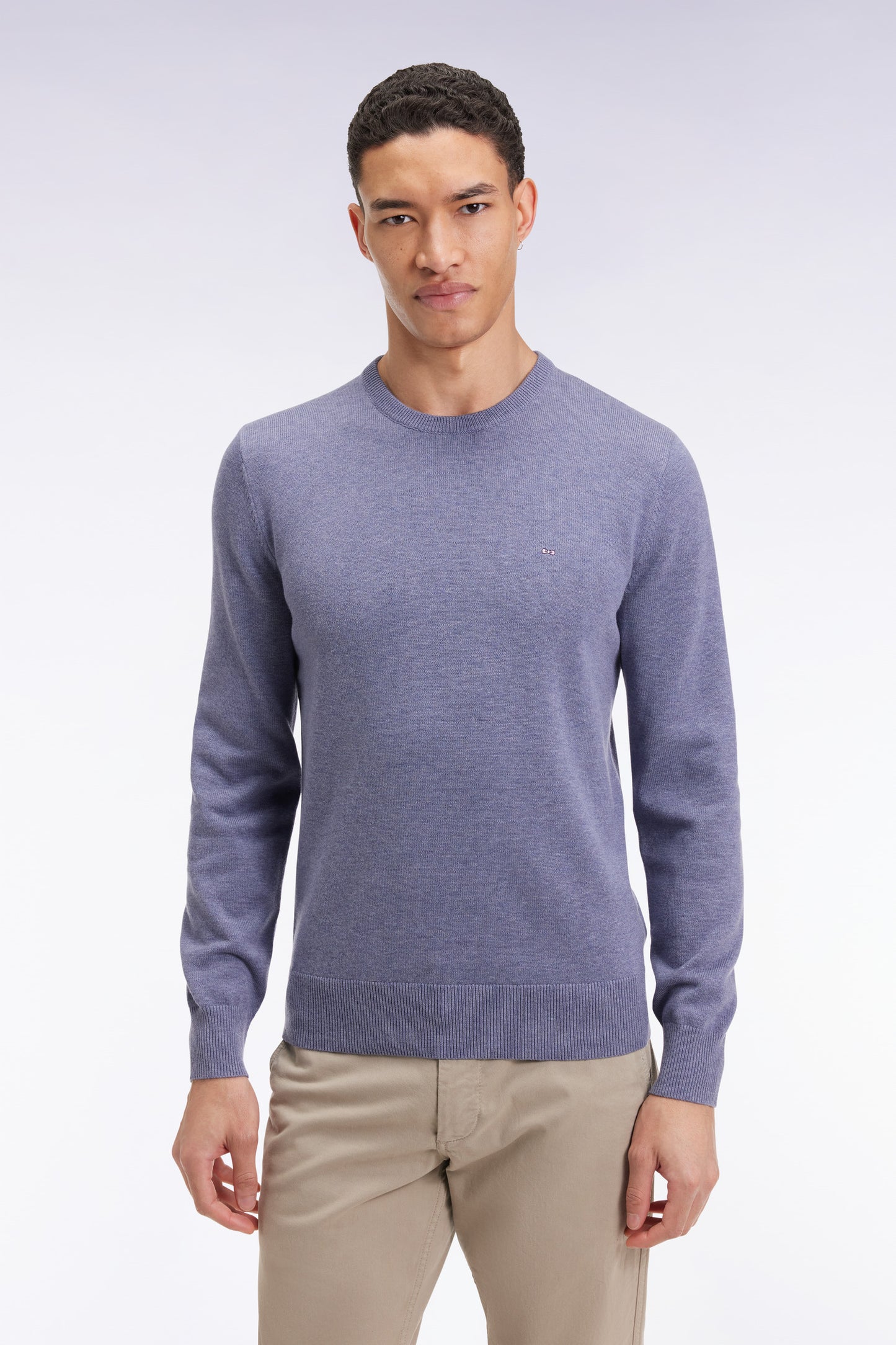 Pull col rond en laine et coton bleu