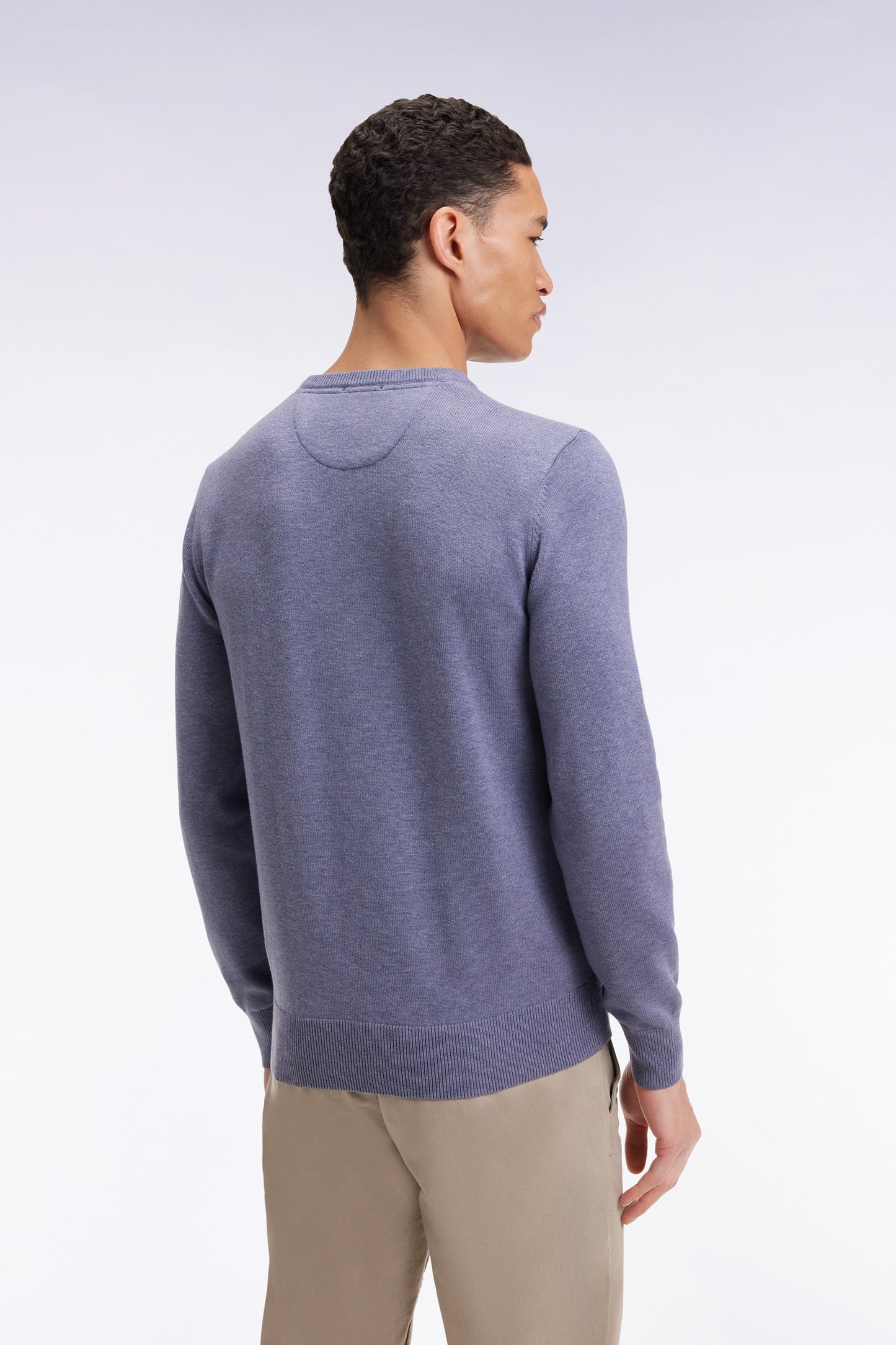Pull col rond en laine et coton bleu