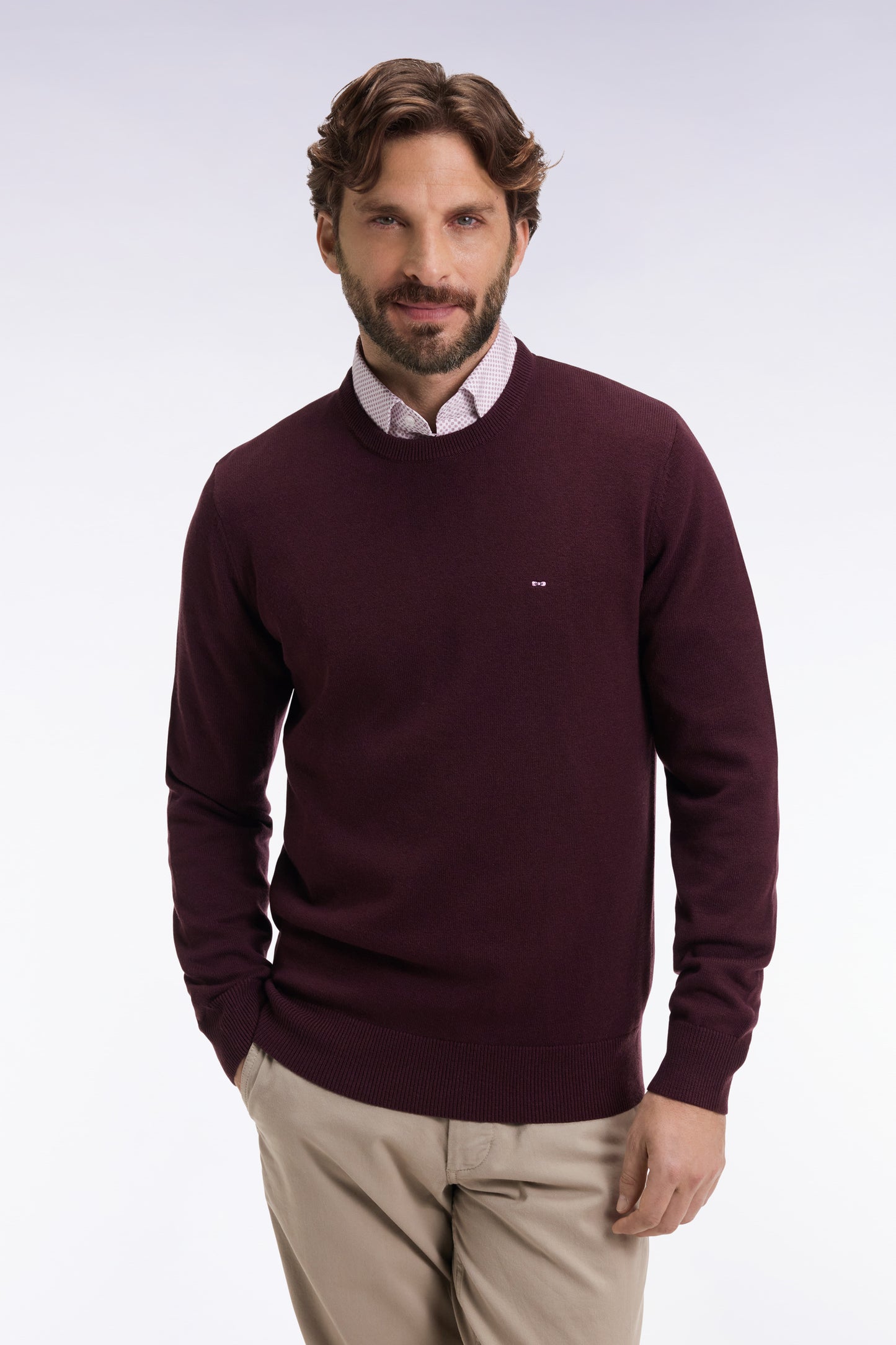 Pull col rond en laine et coton bordeaux