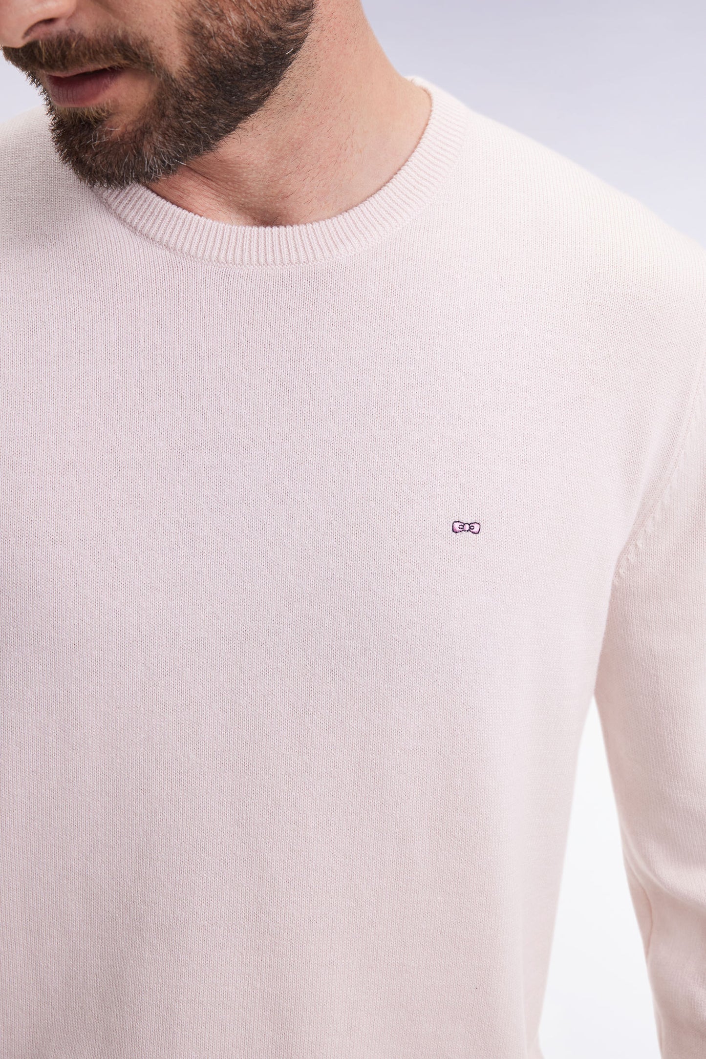 Round-neck sweater in ecru wool and cotton