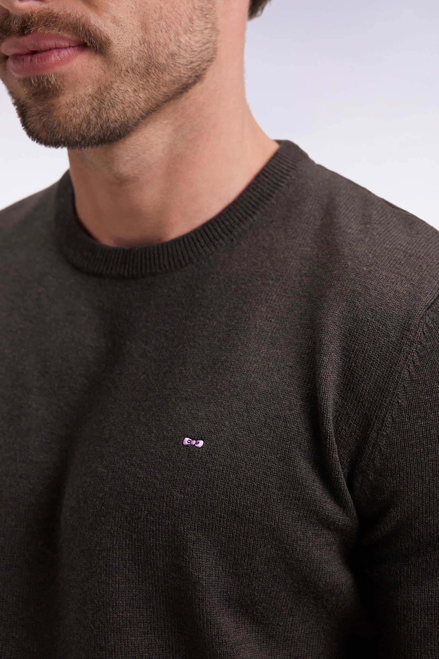 Pull col rond en laine et coton vert bouteille