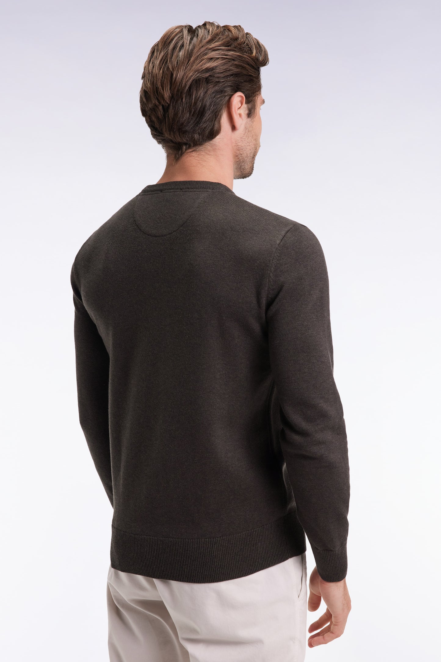 Pull col rond en laine et coton vert bouteille