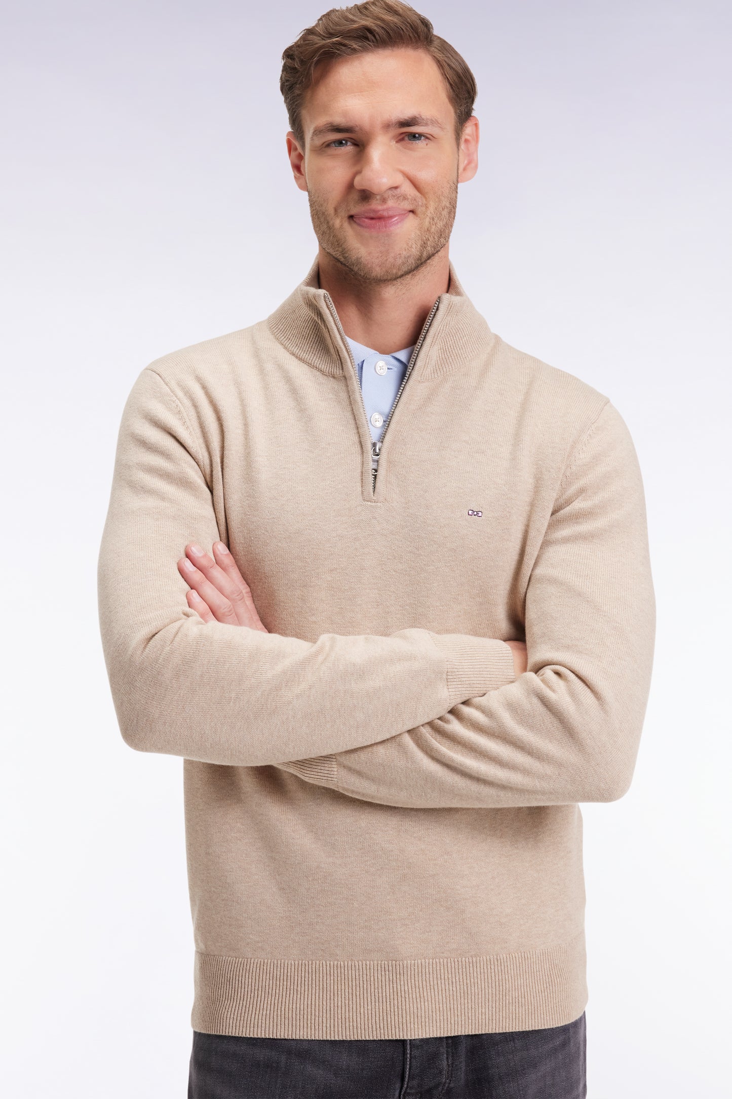 Pull col camionneur en laine et coton beige