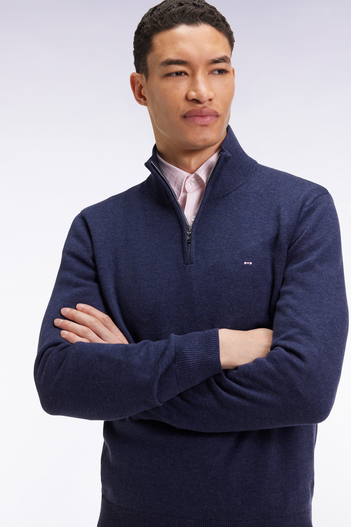 Pull col camionneur en laine et coton bleu