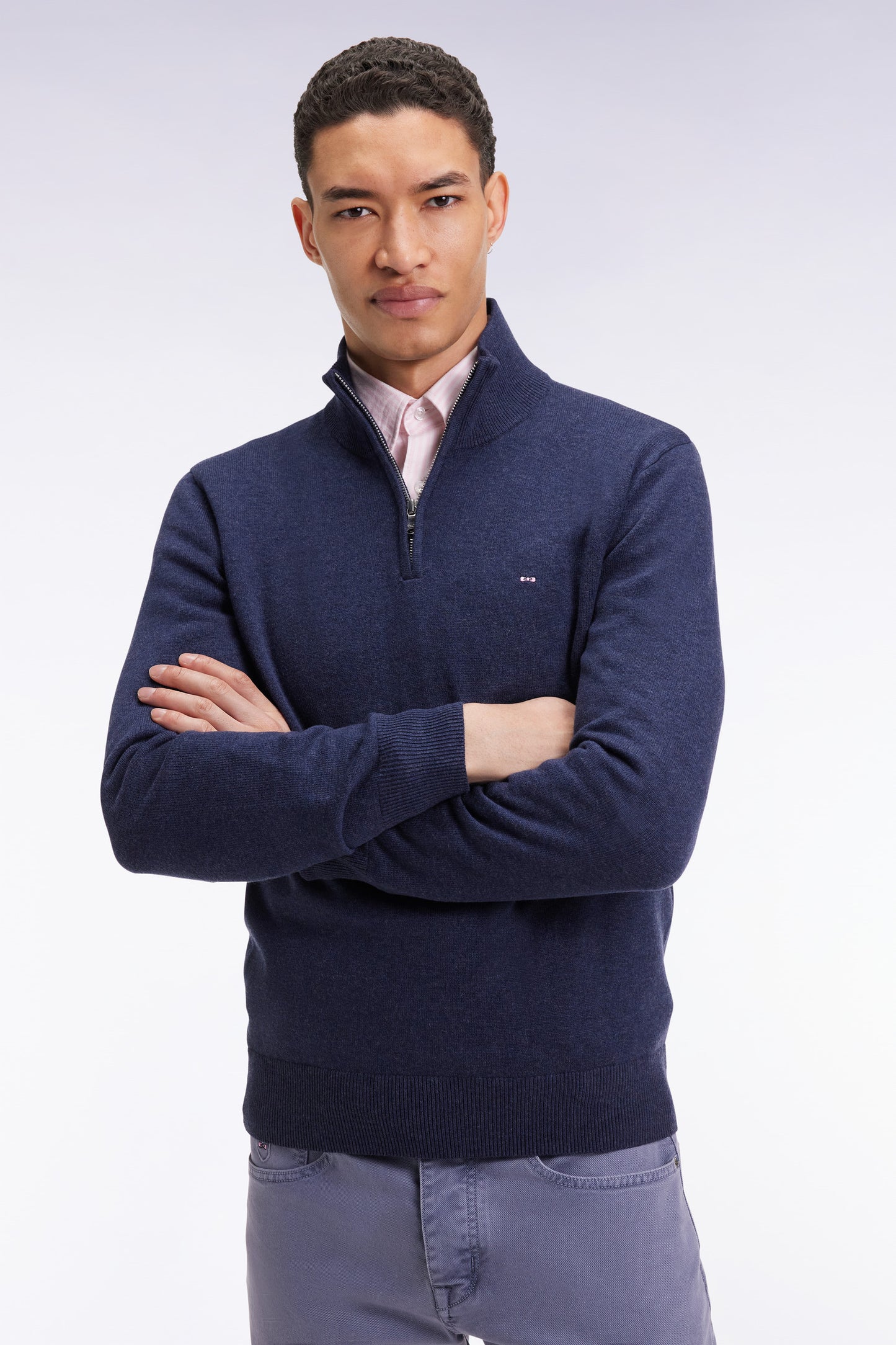 Pull col camionneur en laine et coton bleu
