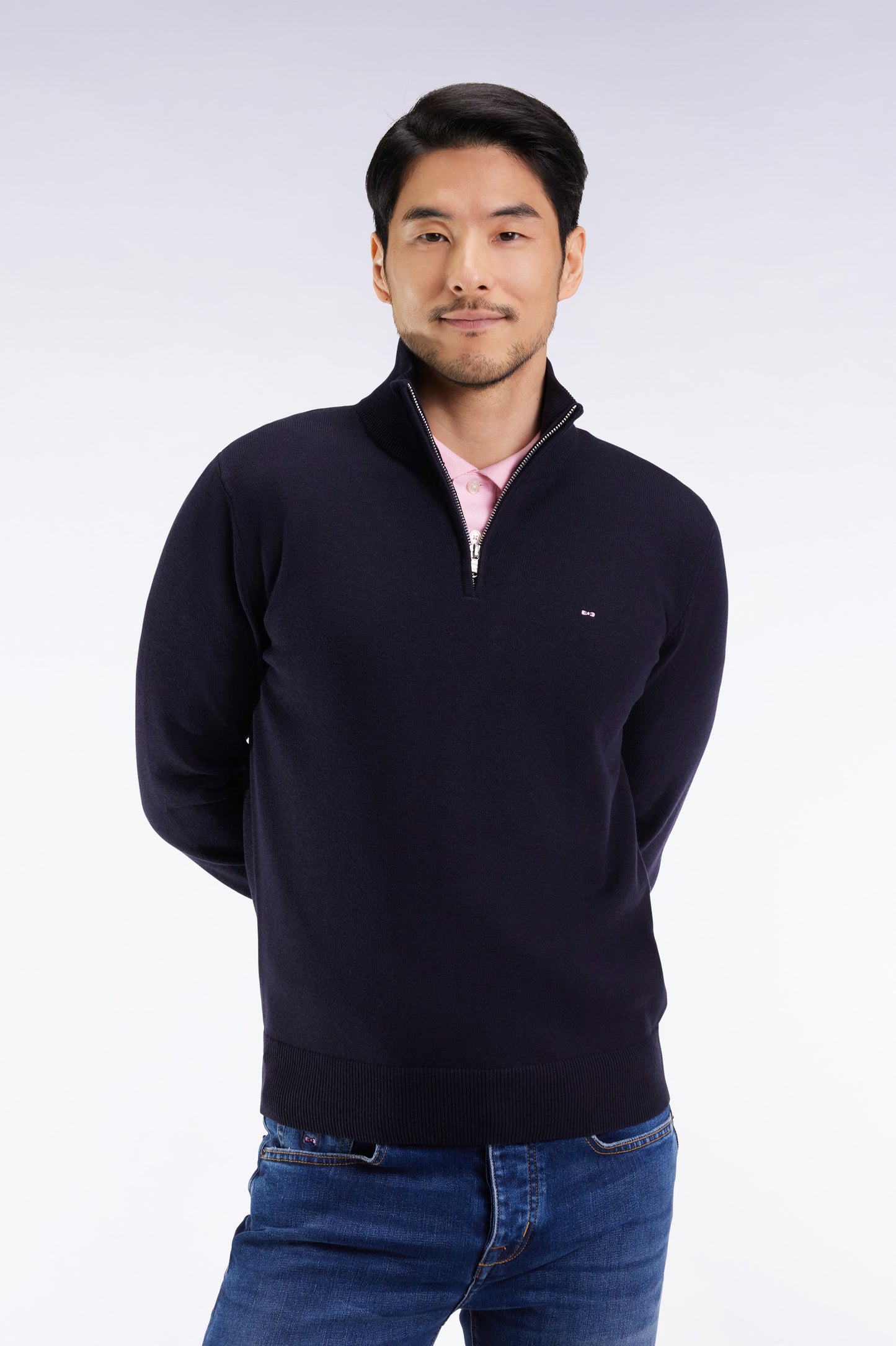 Pull col camionneur en laine et coton bleu foncé