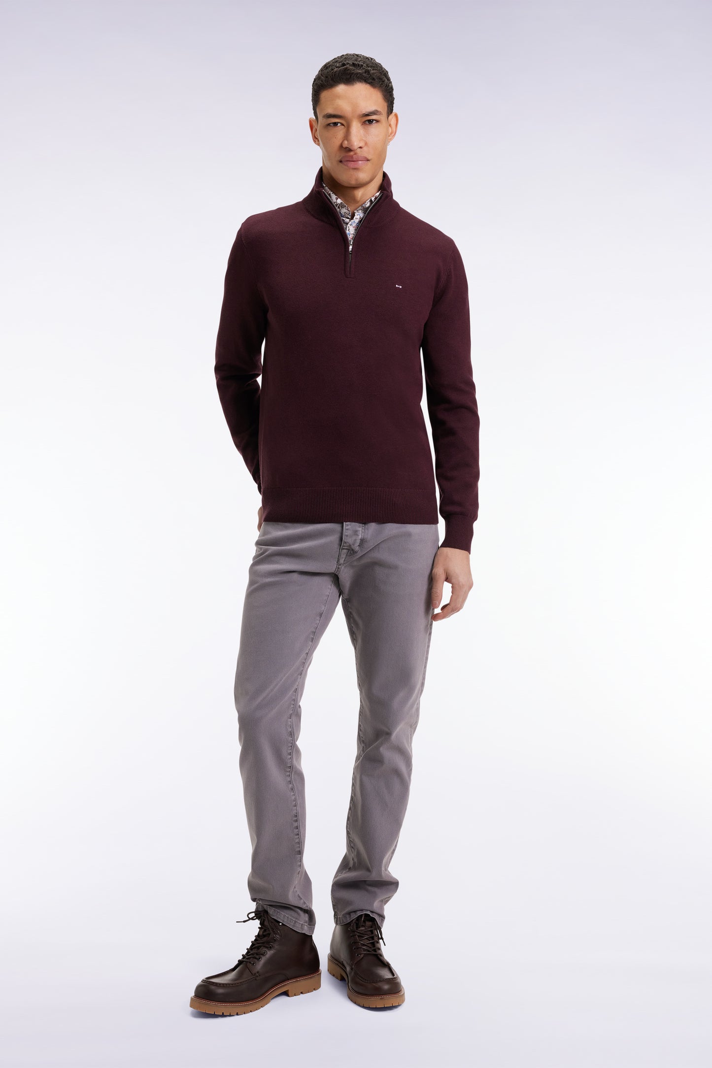 Pull col camionneur en laine et coton bordeaux