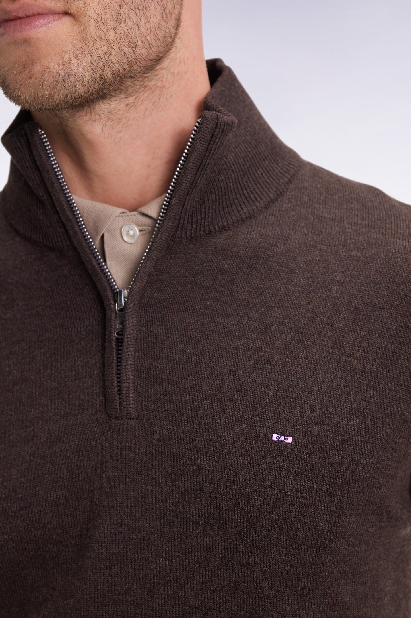 Pull col camionneur en laine et coton marron