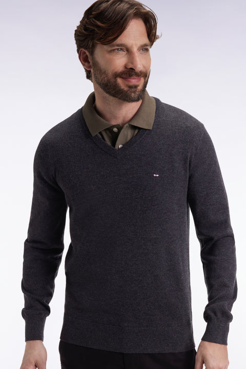 Dark blue wool and cotton V-neck sweater - Image 1