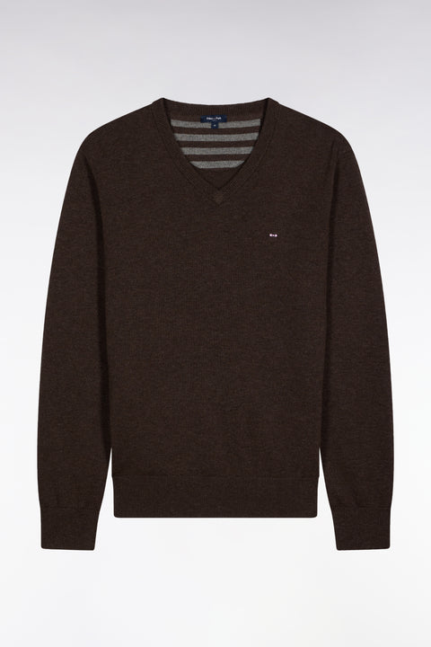 Dark brown wool and cotton V-neck sweater - Image 2