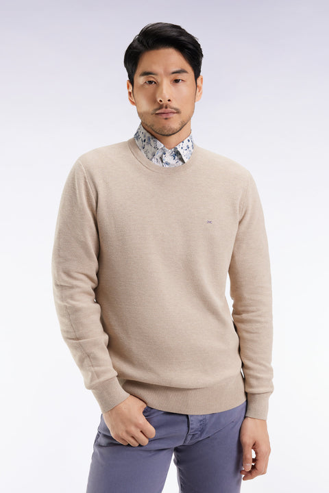 Round-neck sweater in beige cotton honeycomb - Image 3