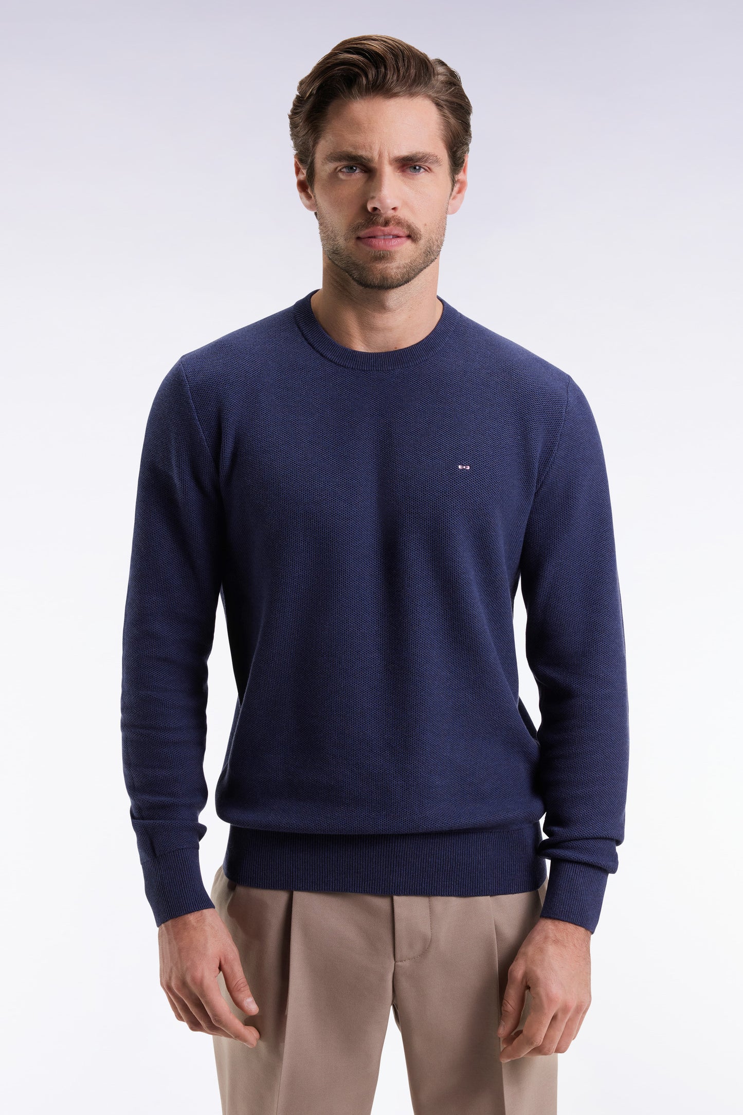 Pull col rond en coton nid d'abeille marine