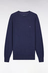 Round-neck sweater in navy cotton honeycomb