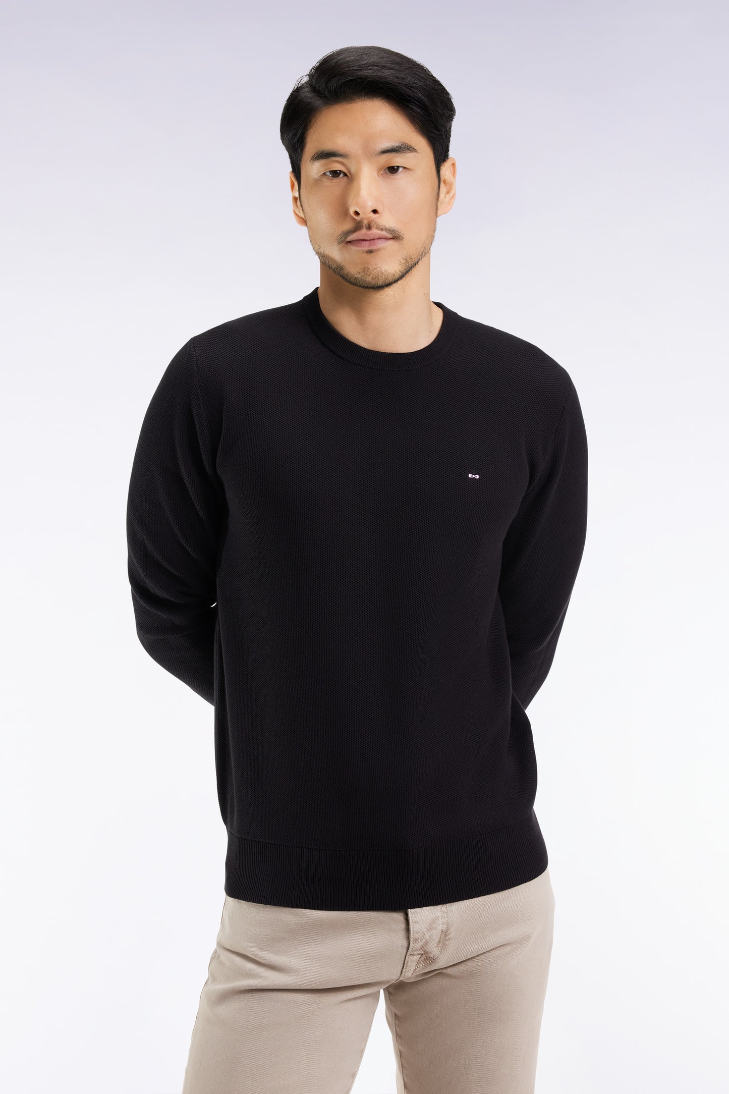 Pull col rond en coton nid d'abeille noir