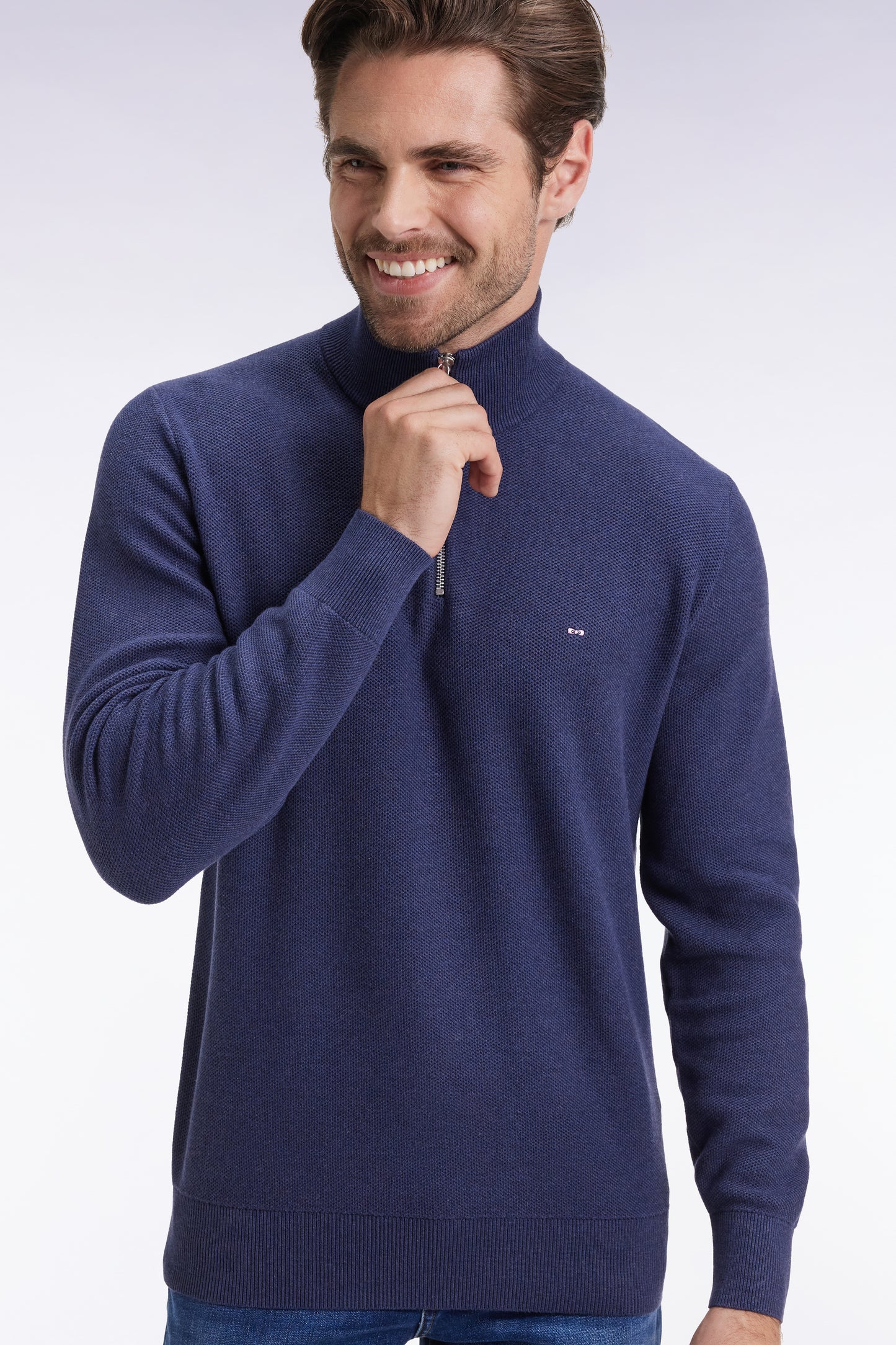 Pull col camionneur en coton nid d'abeille marine