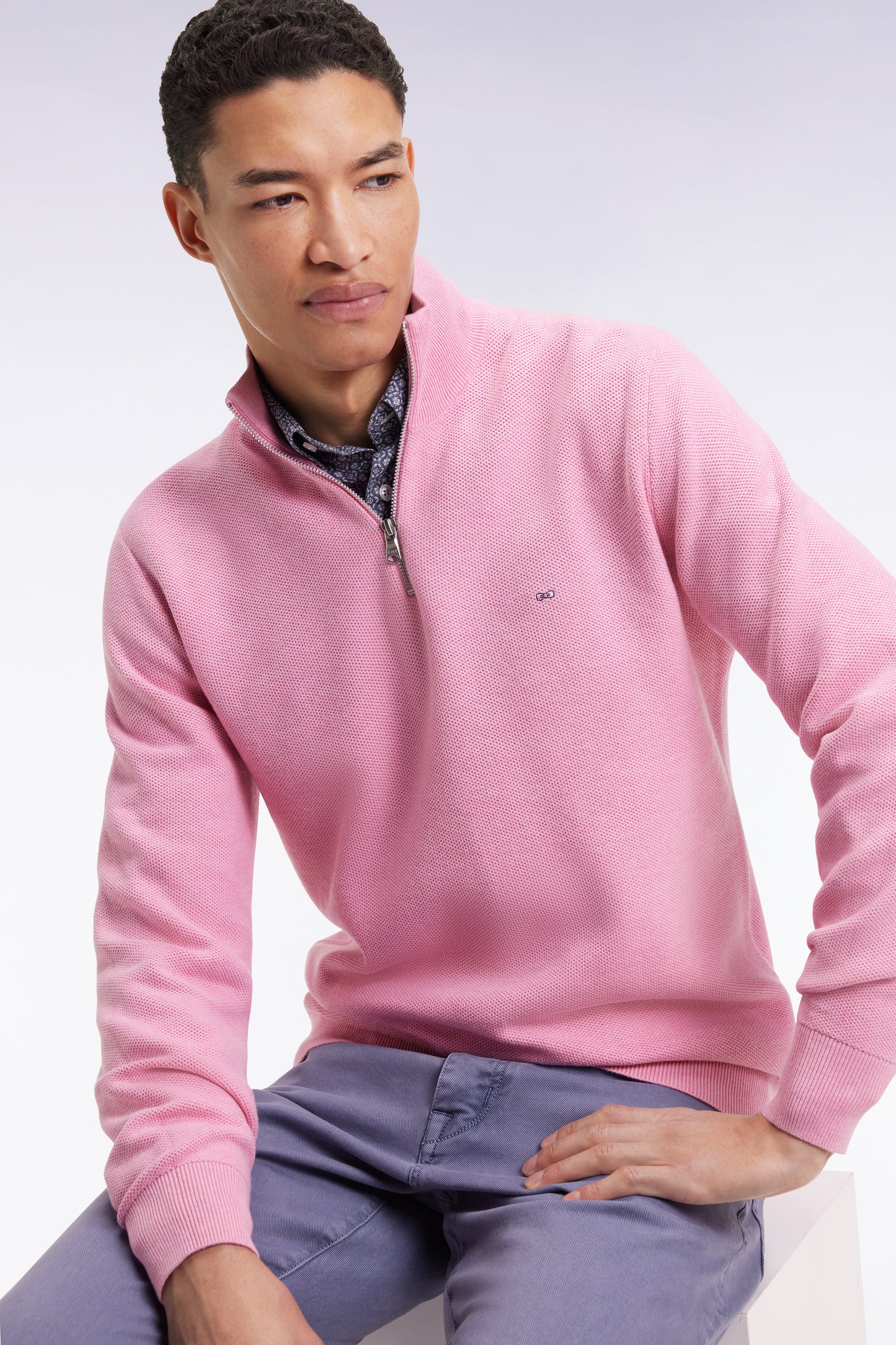 Pull col camionneur en coton nid d'abeille rose