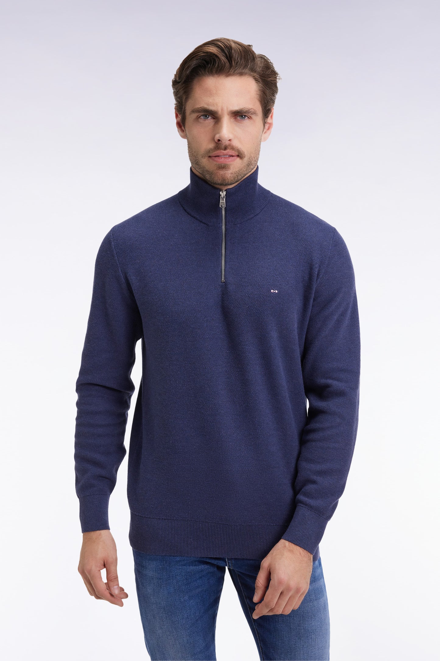 Pull col camionneur en coton nid d'abeille marine