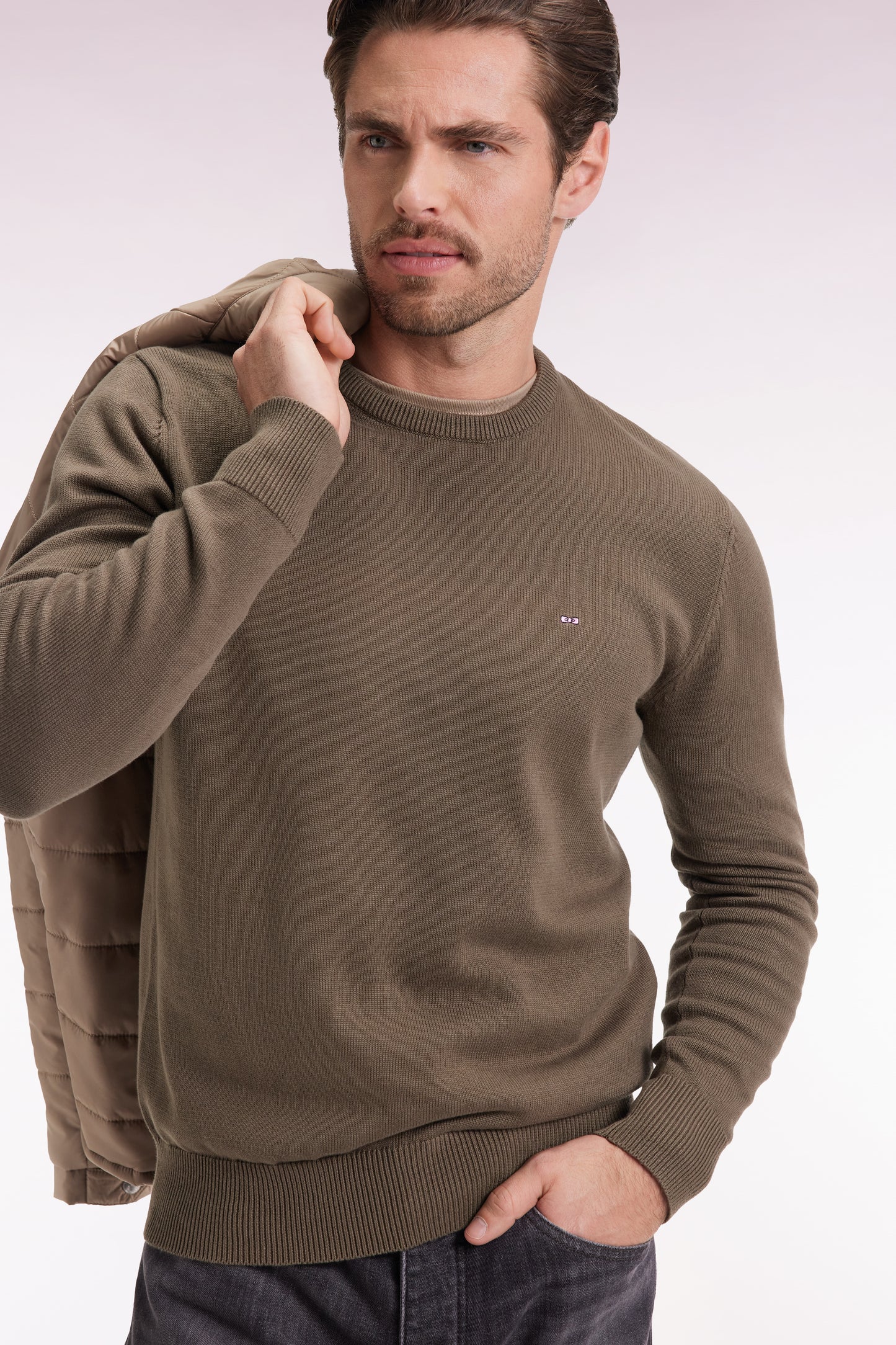 Pull col rond en coton épais kaki