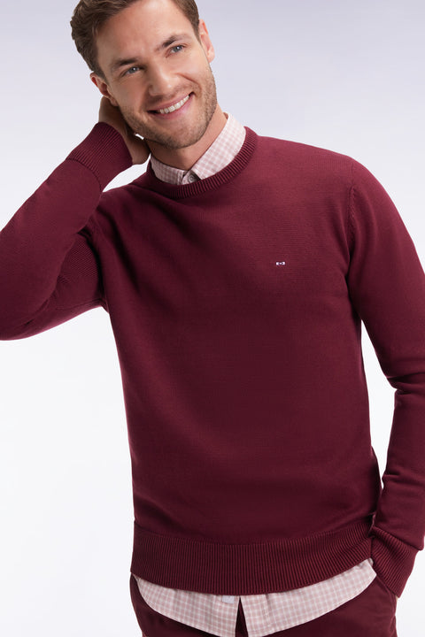 Round-neck sweater in thick burgundy cotton - Image 1