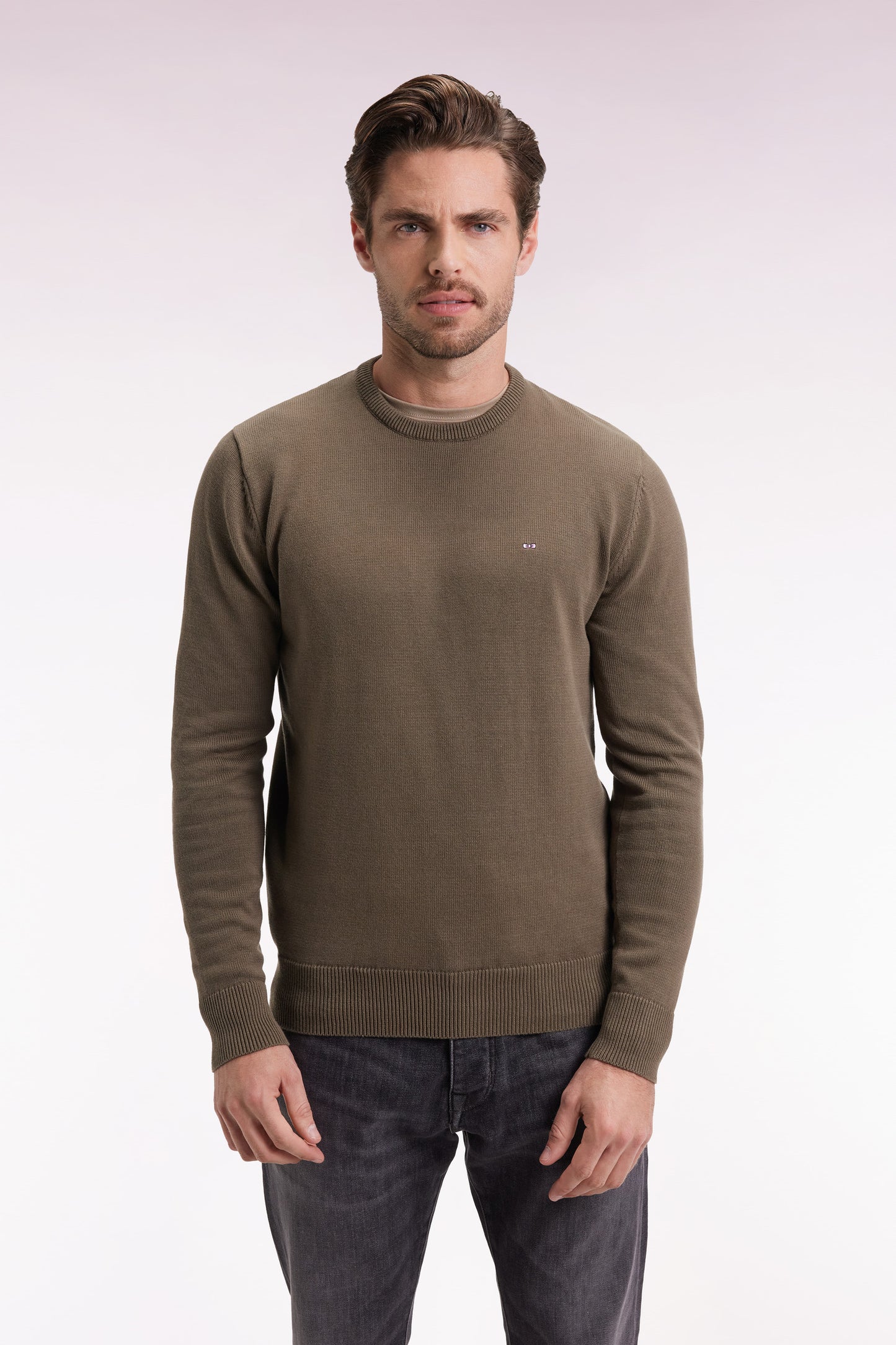 Pull col rond en coton épais kaki