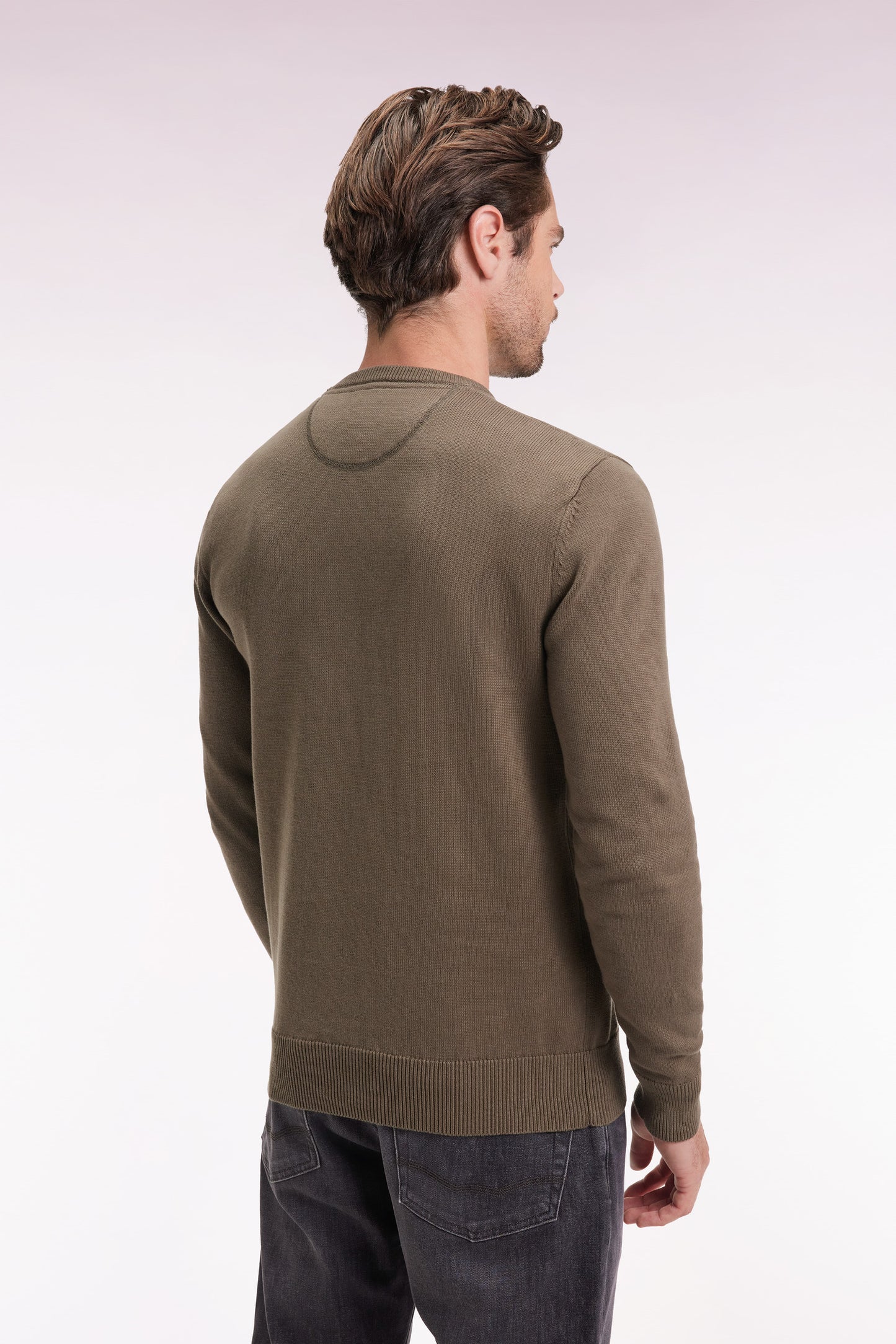Pull col rond en coton épais kaki