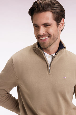 Beige heavy cotton trucker-neck sweater