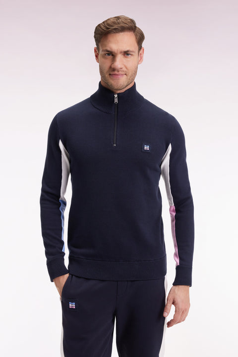 Pull col camionneur en coton noir à manches contrastées grises - Image 1