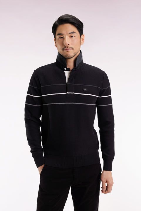 Pull col maillot en coton noir dos brodé - Image 1