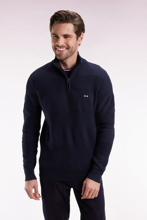 Pull col camionneur en coton marine effet de rayure - Image 3