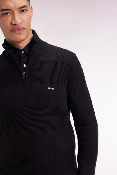Pull col camionneur en coton noir effet de rayure - Image 1