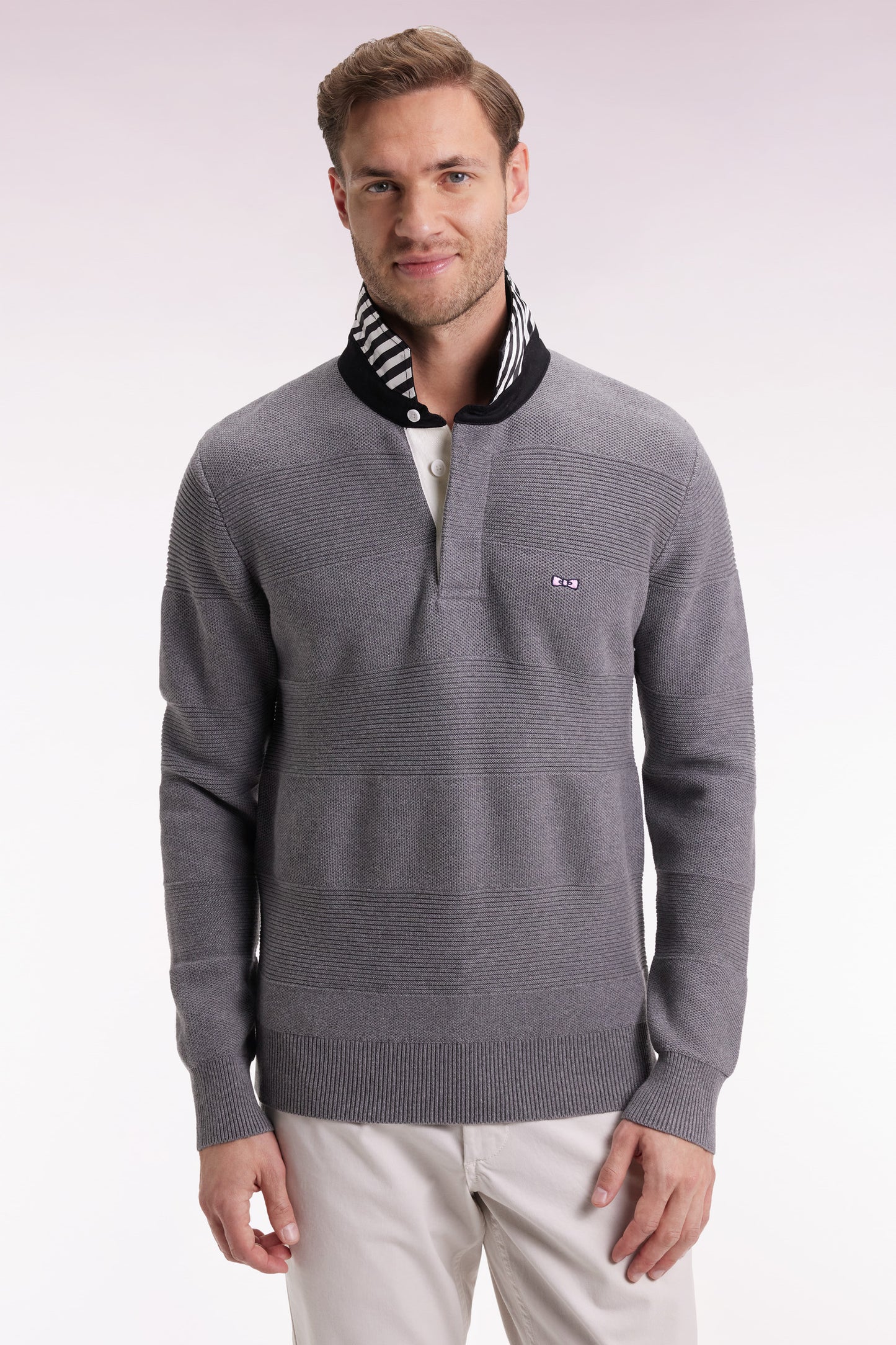 Pull col maillot en coton gris à effet de rayure