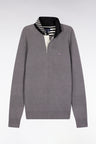 Grey cotton jersey-neck sweater with stripe effect