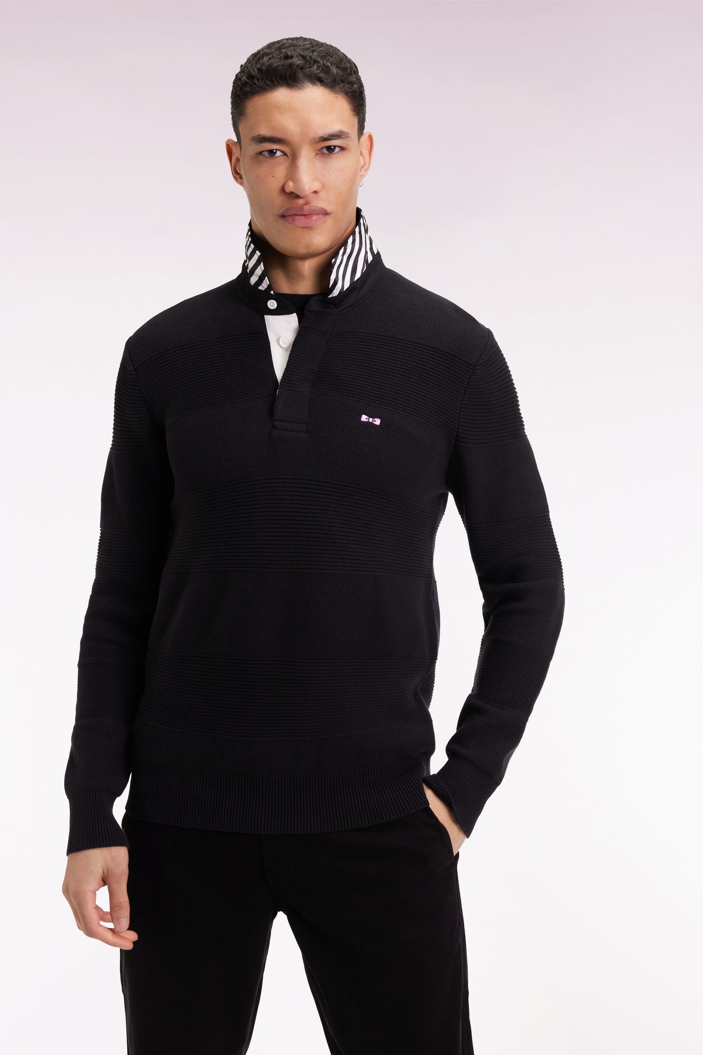 Pull col maillot en coton noir à effet de rayure