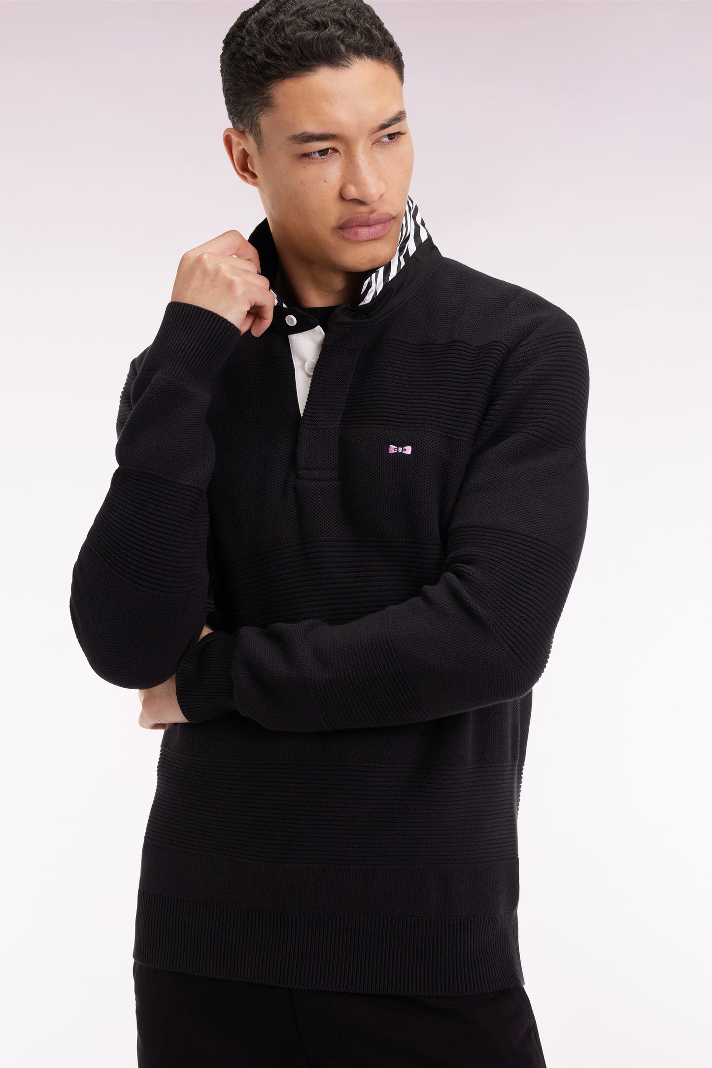 Pull col maillot en coton noir à effet de rayure