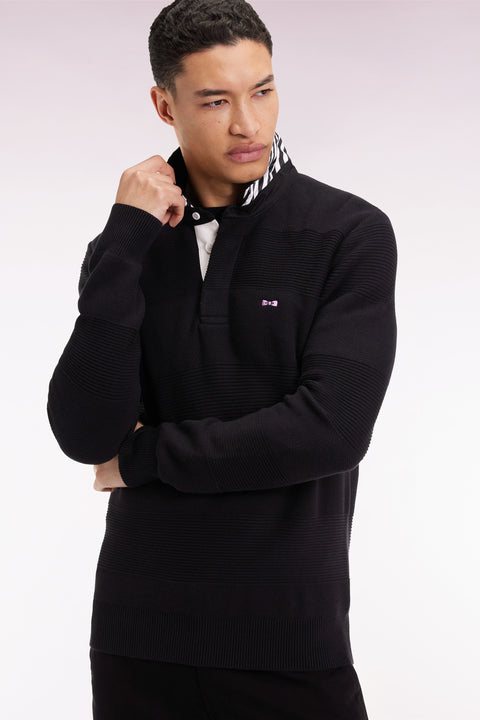 Black cotton jersey-neck sweater with stripe effect - Image 1