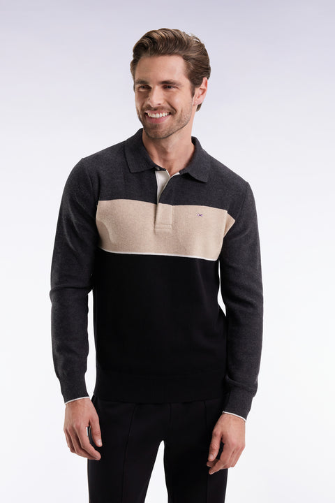 Pull col maillot en laine et coton noir gris et beige - Image 1