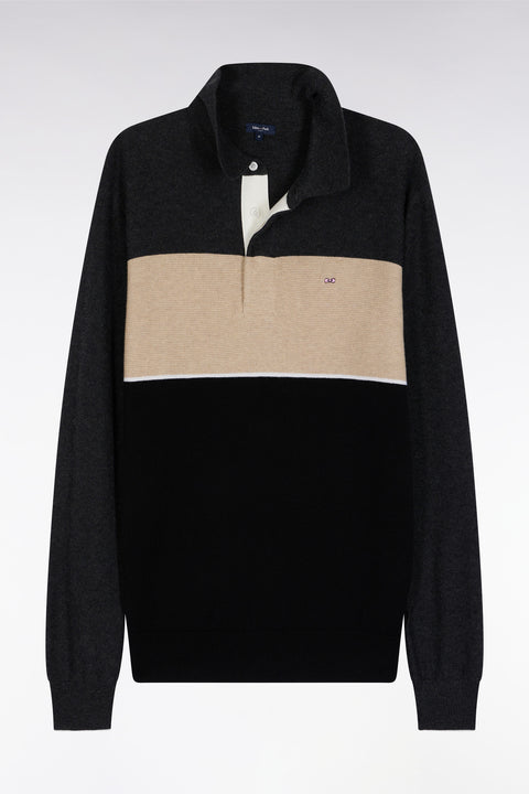 Pull col maillot en laine et coton noir gris et beige - Image 2