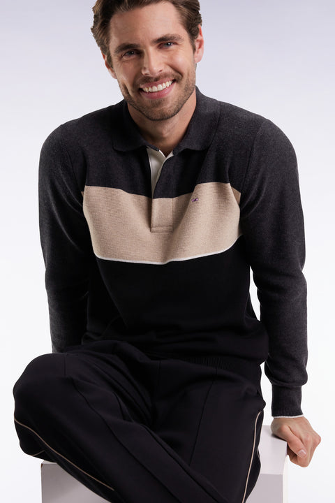 Pull col maillot en laine et coton noir gris et beige - Image 3