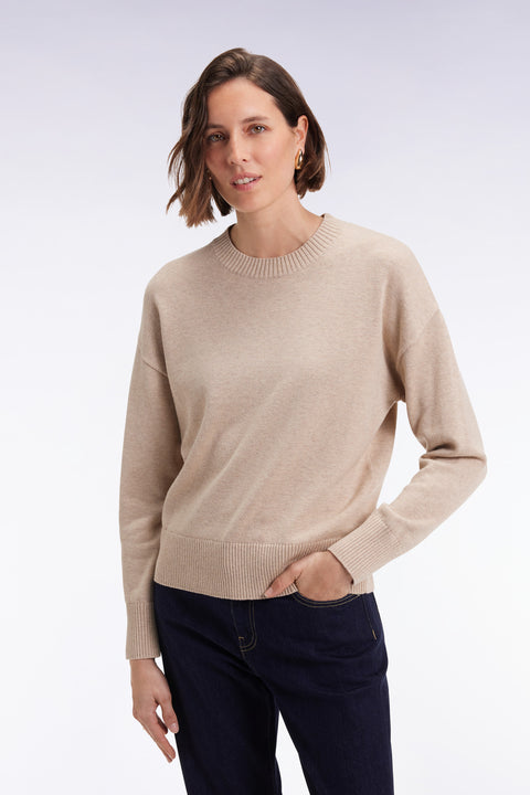 Pull à col rond en laine et coton beige coupe Relaxed - Image 1