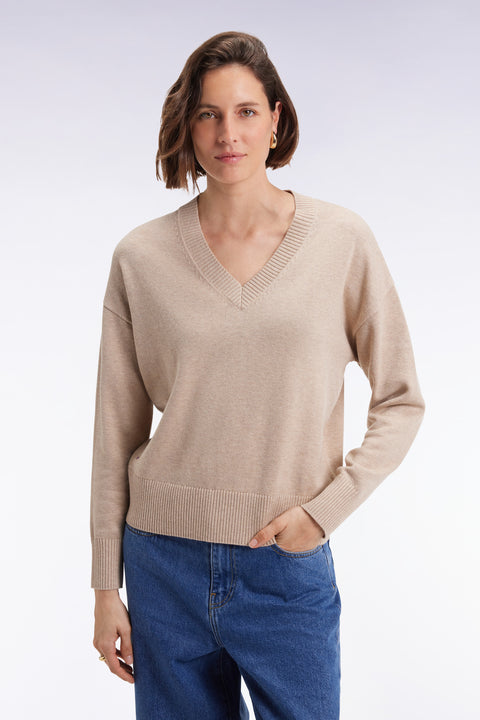 Pull à col V en laine et coton beige coupe Relaxed - Image 1