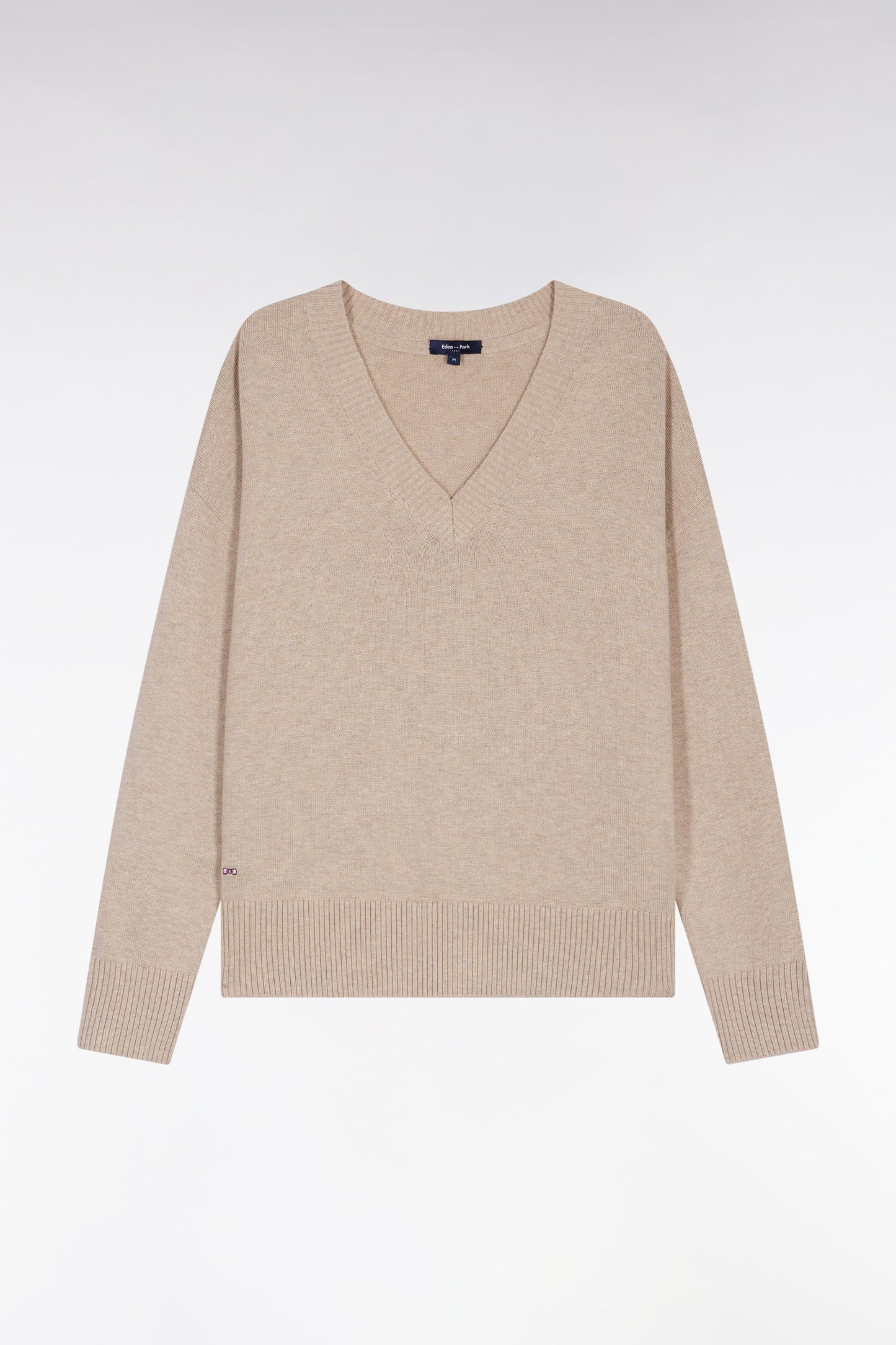 Pull à col V en laine et coton beige coupe Relaxed