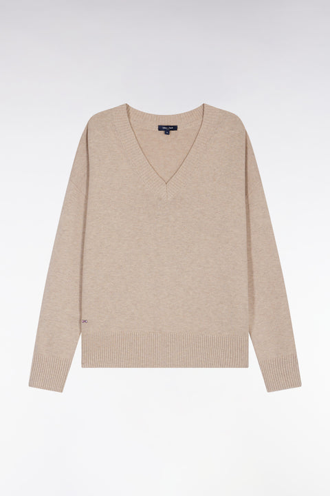 Pull à col V en laine et coton beige coupe Relaxed - Image 2