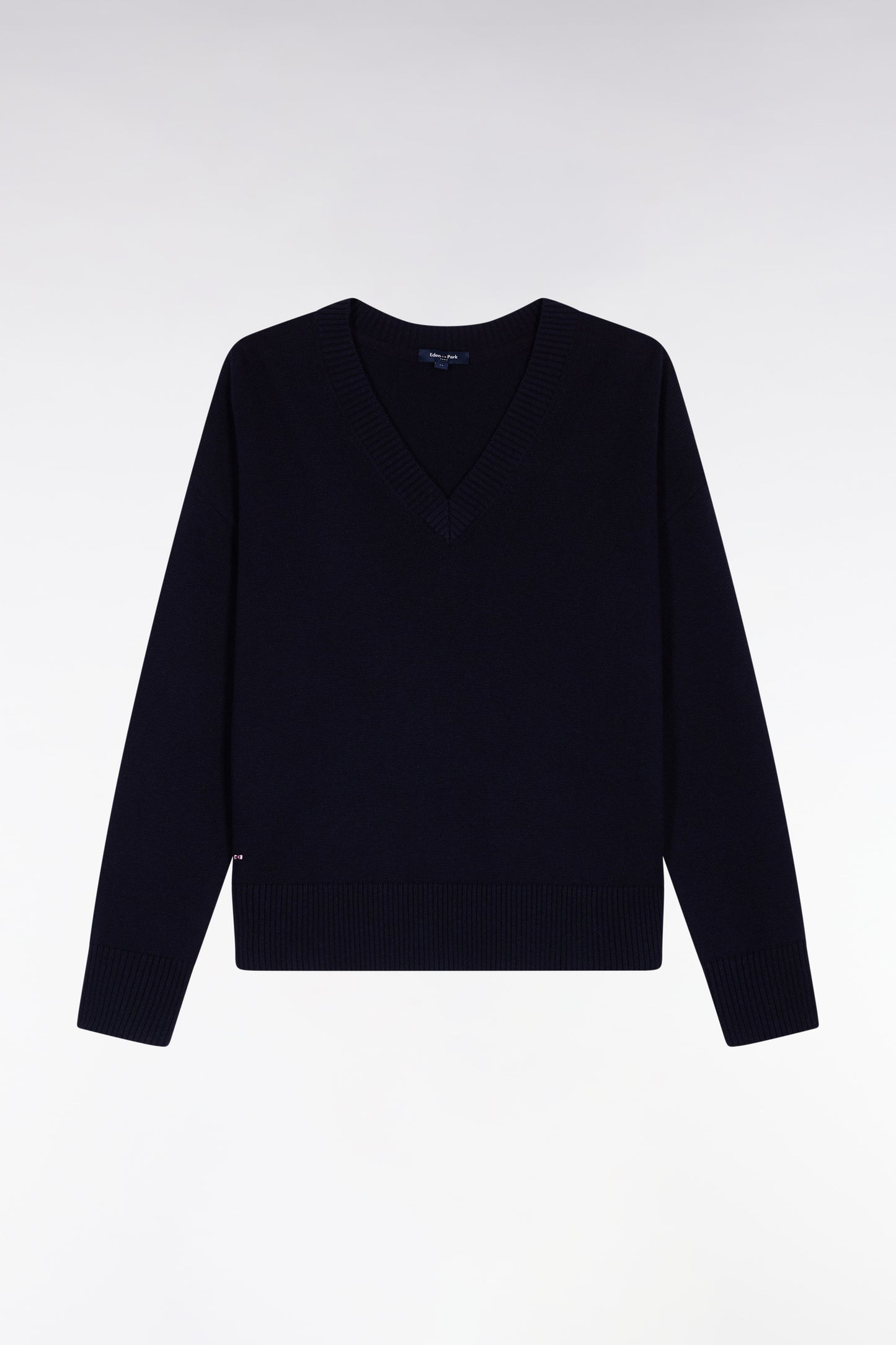 Pull à col V en laine et coton marine coupe Relaxed