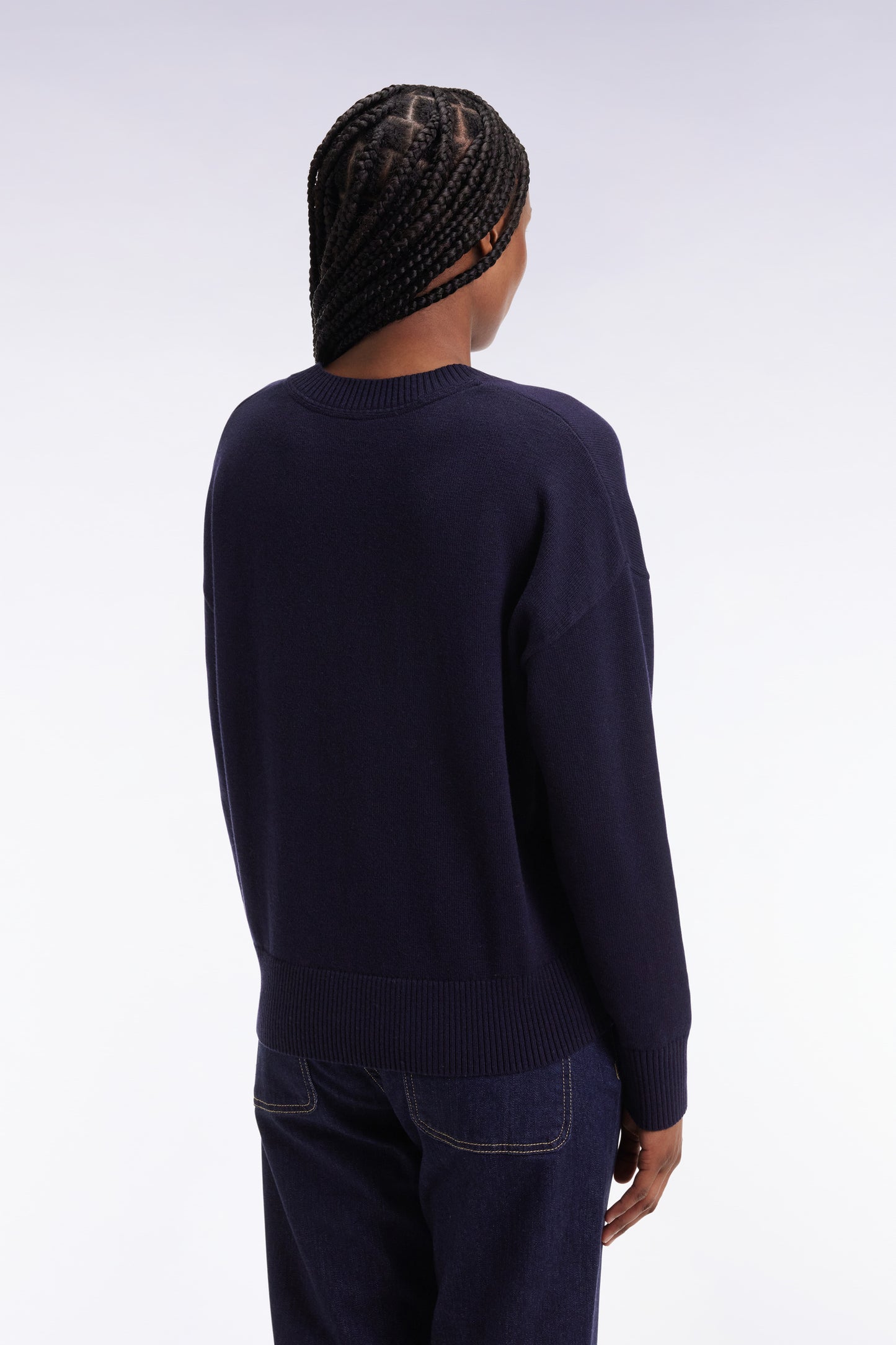 Pull à col V en laine et coton marine coupe Relaxed